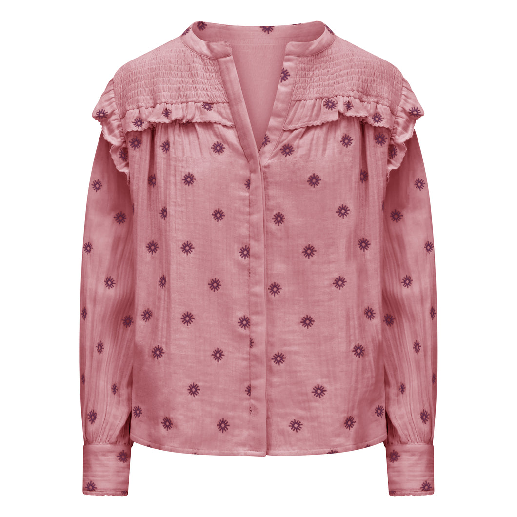 One collective - smocked yolk blouse - soft pink & wine tasting