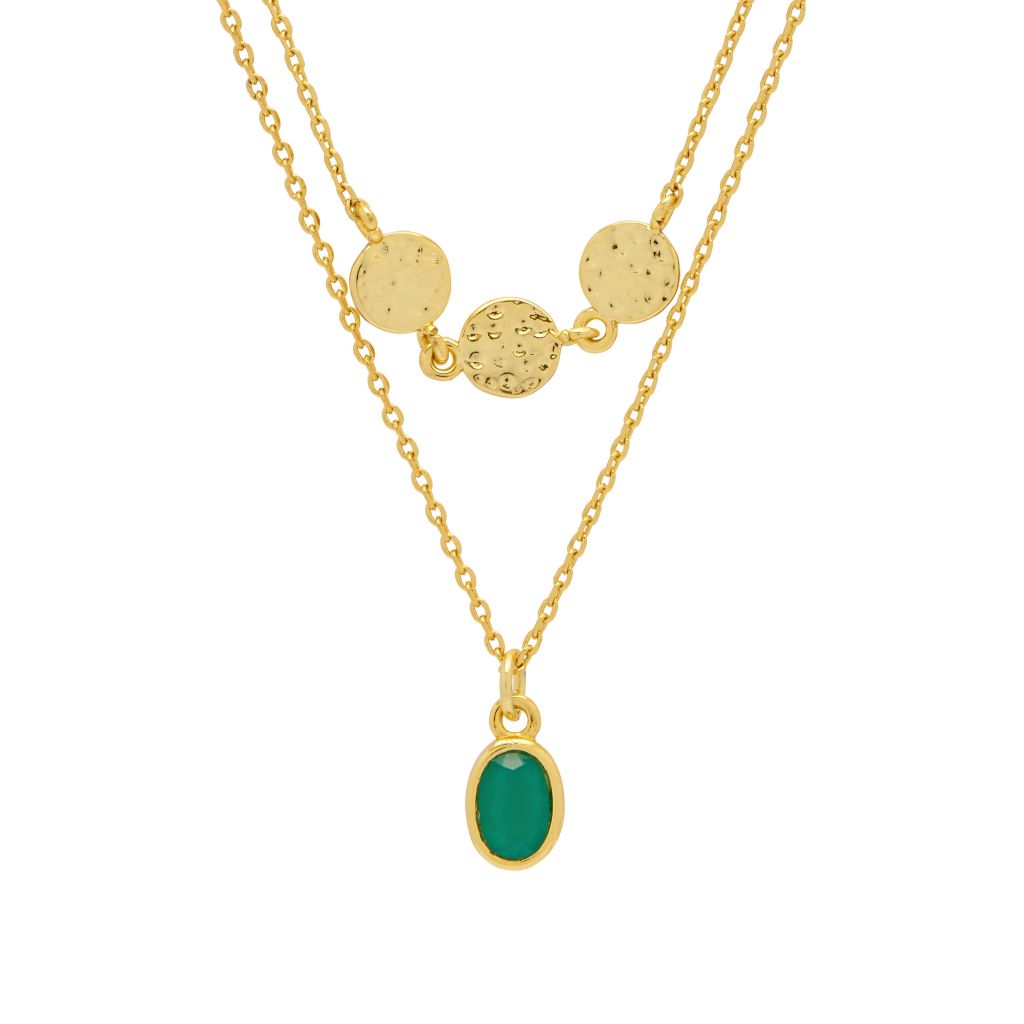 Estella Bartlett - Hammered Disc & Green Stone Duo Necklace