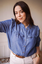 Load image into Gallery viewer, In April light denim ruffle blouse
